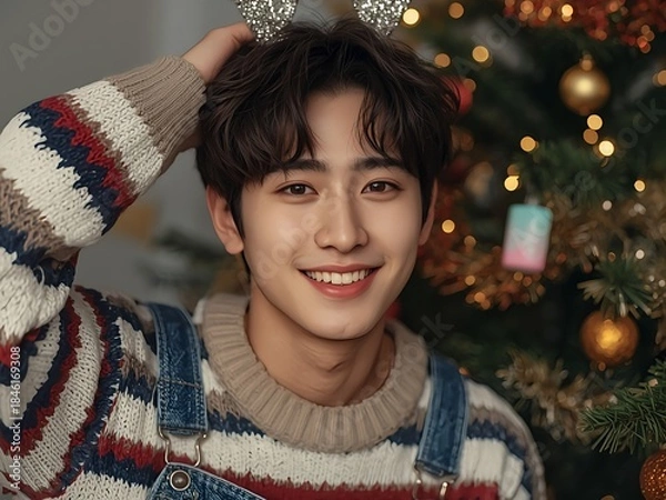 Obraz クリスマスツリーの前で微笑む若いアジア人男性のポートレート