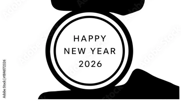 Fototapeta Happy new year 2026 celebration greeting card minimalist design black and white announcement festive holiday event future calendar countdown party invitation banner graphic