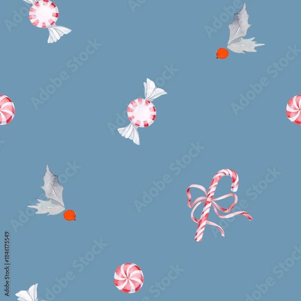 Obraz Christmas Candy Pattern with Holly and Peppermint