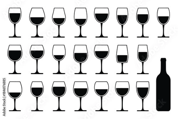 Fototapeta Collection of wine glasses with varying fills and a single bottle