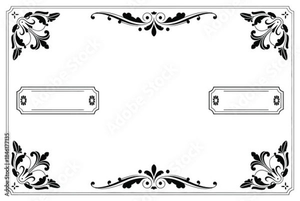 Fototapeta Elegant vintage frame with ornate floral designs and blank spaces