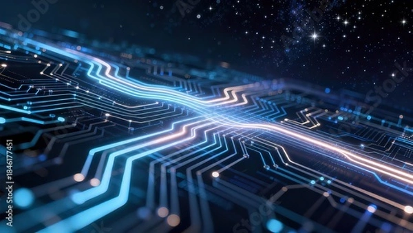Fototapeta Circuit board with glowing lines in space