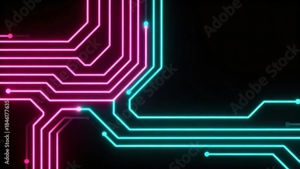 Fototapeta Neon circuit board lines on black