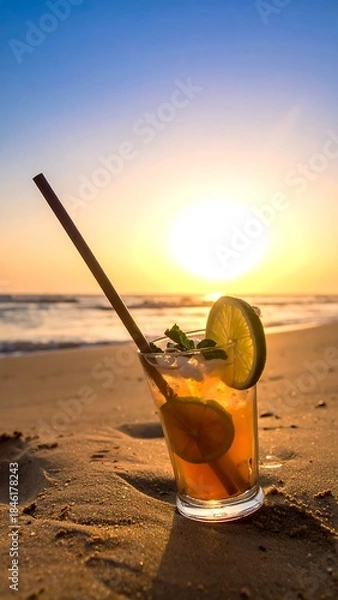 Fototapeta Cocktail on sandy beach with ocean and setting sun backdrop