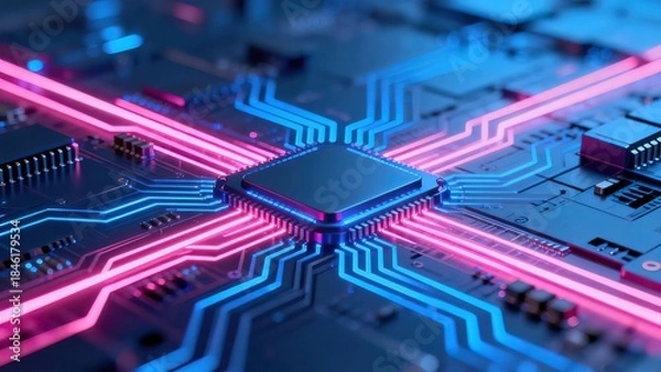 Fototapeta Circuit board with glowing neon lines