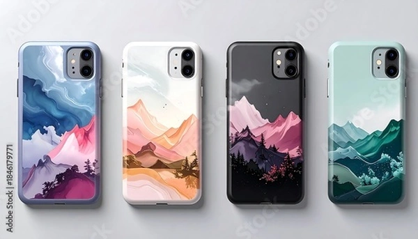 Fototapeta Four smartphone cases, each with unique abstract mountain landscape art