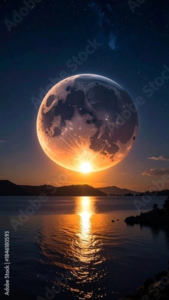 Fototapeta Large moon dominates landscape, reflecting over a tranquil lake at sunset