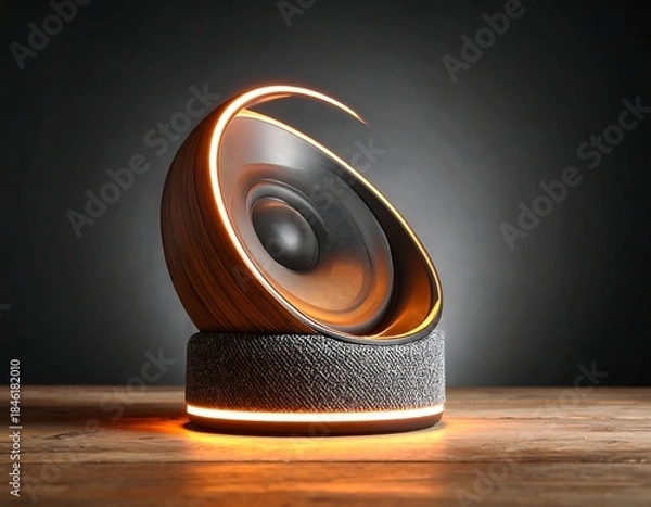 Fototapeta Modern, futuristic audio speaker with ambient orange illumination