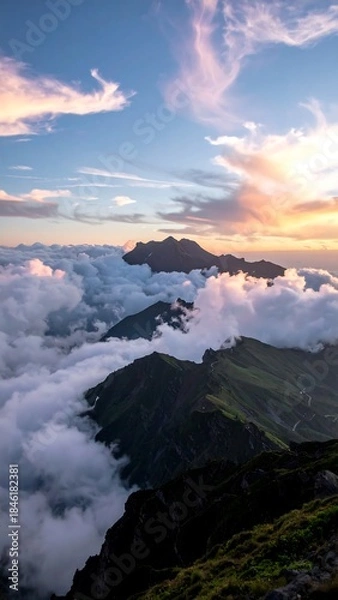 Fototapeta Mountain range peaks above cloud, bathed in the sunset's warm glow