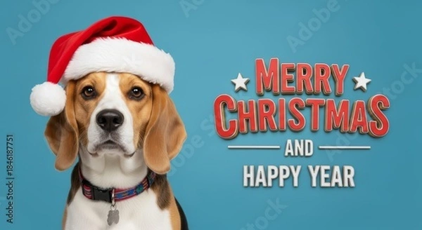 Obraz Beagle Dog with Christmas Hat Portrait - A beagle dog wearing a Santa hat, looking at the camera with a merry christmas message on a blue background