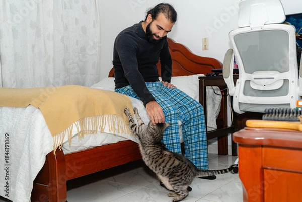 Obraz Person interacting with tabby cat reaching up on bed in cozy bedroom