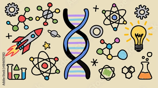 Fototapeta Hand-drawn STEM illustration featuring DNA, atoms, chemistry tools, and innovation symbols, ideal for education, science communication, creativity, and learning concepts.