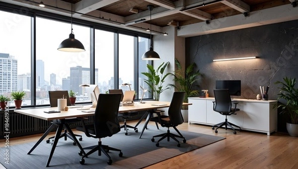 Fototapeta Several modern workstations with black chairs and potted plants stand in a bright open-plan office with large windows.