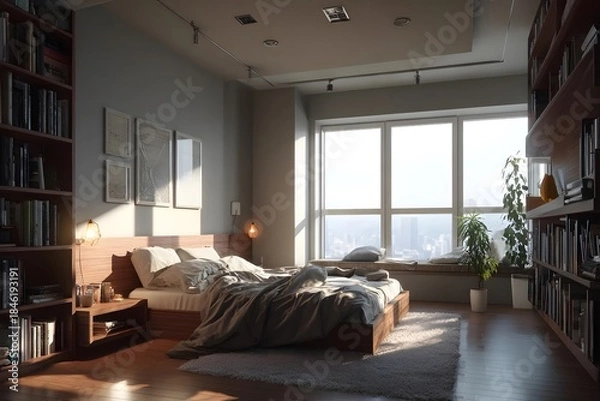 Fototapeta A cozy, sunlit bedroom features an unmade bed surrounded by bookshelves and a large window.