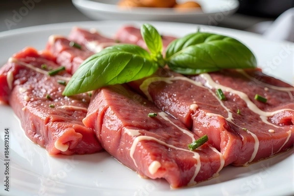 Fototapeta Slices of raw seasoned beef rest on a white plate, garnished with fresh basil leaves.