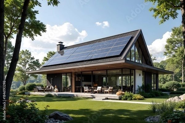 Fototapeta A modern house with large glass windows and rooftop solar panels stands in a lush green garden.