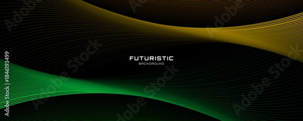 Fototapeta 3D green yellow lines techno abstract background overlap layer on dark space with waves effect decoration. Modern graphic design element stripes style concept for web, flyer, card, or brochure cover