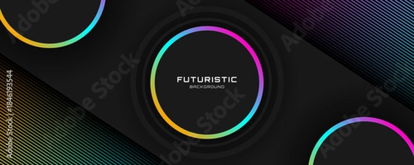 Fototapeta 3D black circles abstract background overlap layer on dark space with colorful lines effect decoration. Modern graphic design element stripes style concept for web, flyer, card, or brochure cover