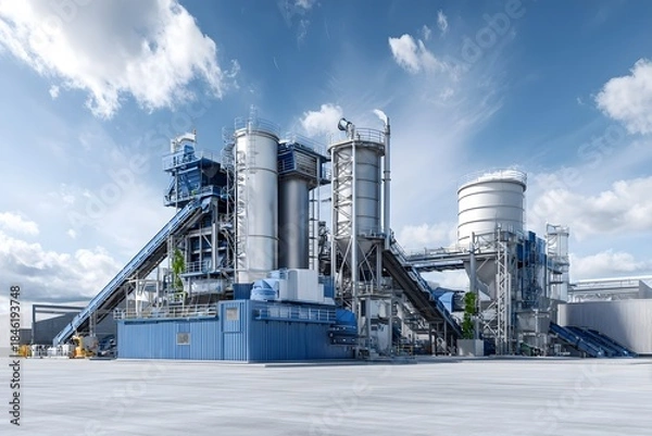 Fototapeta A large industrial processing plant stands on an open concrete site under a partly cloudy sky.