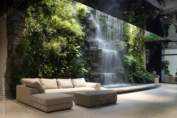 Fototapeta A large beige sofa sits in front of an indoor vertical garden with a cascading waterfall.