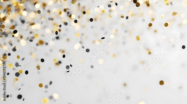 Fototapeta Golden and black confetti pieces float and fall against a light, blurred background.
