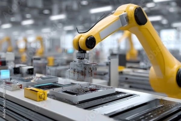 Fototapeta A yellow robotic arm assembles electronic components on a production line in a modern factory.