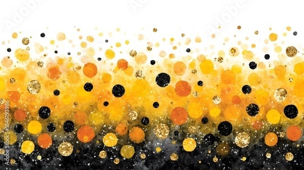 Fototapeta Clusters of yellow, orange, and black circles form an abstract pattern against a white background.