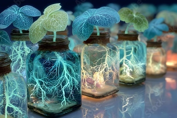 Fototapeta Glowing, bioluminescent plants grow inside glass jars arranged in a row on a reflective surface.