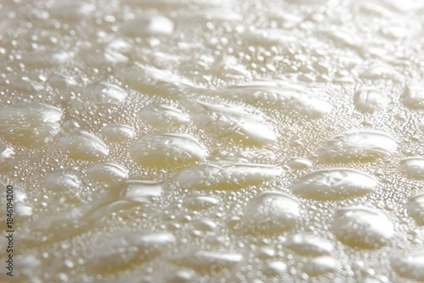 Fototapeta Water droplets gather on a light, smooth surface.