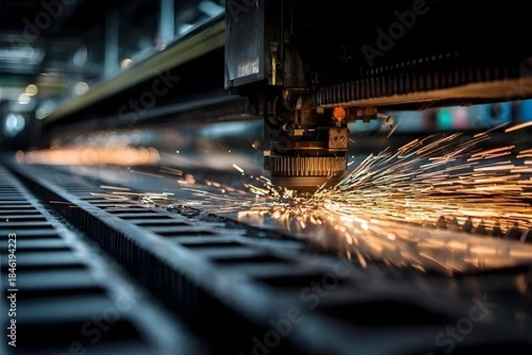 Fototapeta A high?precision industrial machine cuts metal sheets with bright sparks flying in a factory setting.