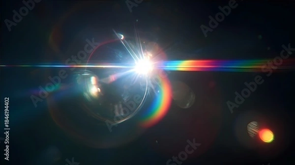 Fototapeta A bright white light source creates colorful lens flares against a dark background.