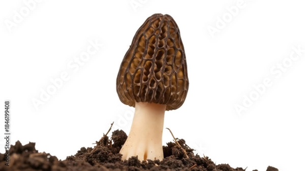Fototapeta Morel mushroom isolated PNG on transparent background, delicious edible fungus with honeycomb texture for gourmet cuisine