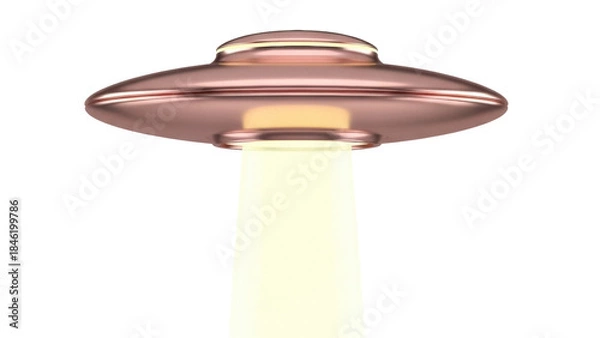 Fototapeta Copper UFO with light beam isolated PNG, science fiction spaceship for alien invasion and futuristic technology concepts