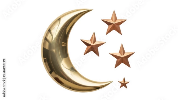 Fototapeta Golden crescent moon and stars isolated PNG, celestial bodies on transparent background for Ramadan and Eid decorations