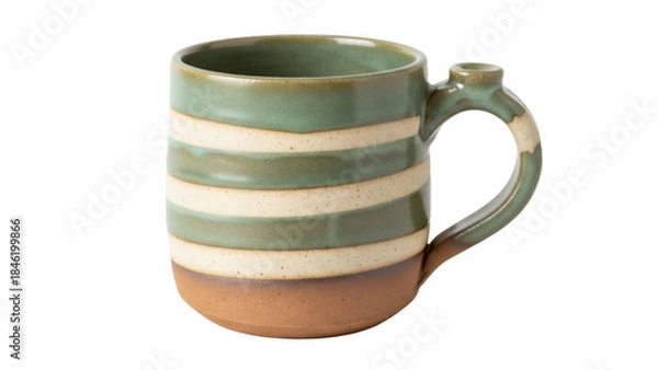 Fototapeta Striped ceramic mug isolated PNG on transparent background, green and beige pottery cup with handle for hot beverages and drinks