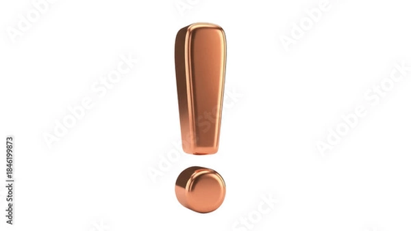 Fototapeta Copper exclamation mark isolated PNG on transparent background, 3D rendering of punctuation symbol for graphic design and attention