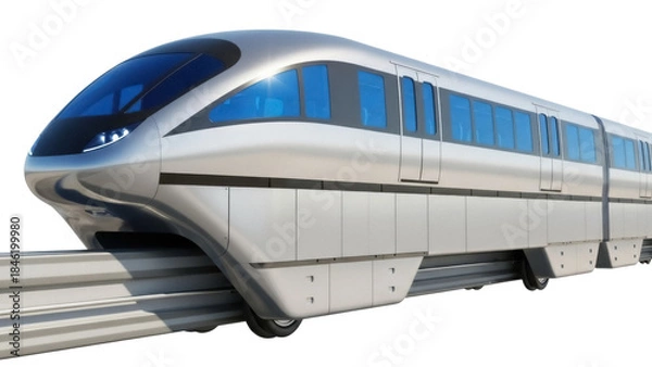 Fototapeta Sleek silver monorail train isolated PNG, futuristic public transportation vehicle on transparent background for urban planning and design