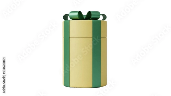 Obraz Cylindrical gift box with green ribbon isolated PNG, present for birthday or Christmas on transparent background, festive surprise