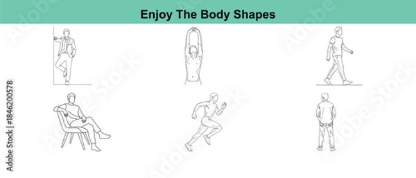 Fototapeta A set of five stick figure illustrations depicting various body shapes and poses in a simple style