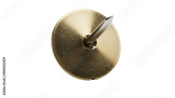 Fototapeta Brass push pin isolated PNG on transparent background, gold thumbtack for office and bulletin board use, shiny metal tack