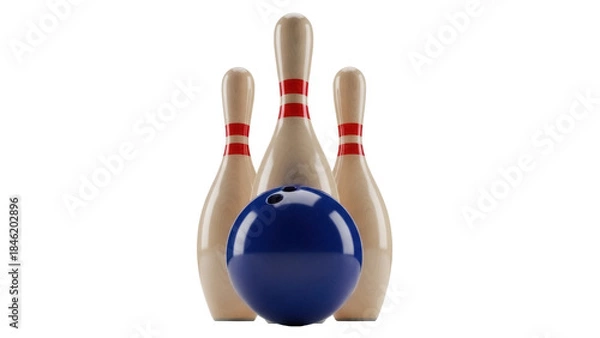 Obraz Bowling ball and pins isolated PNG, blue ball with finger holes and three bowling pins on transparent background, sport equipment