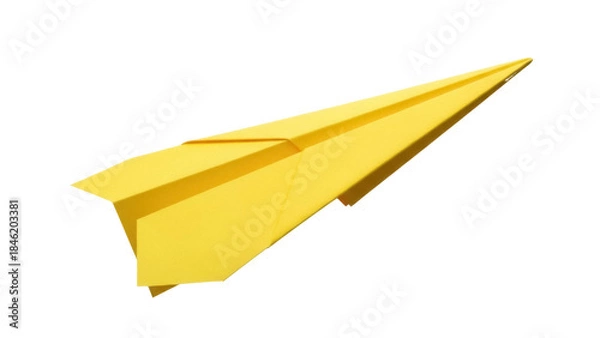 Fototapeta Bright yellow paper airplane PNG isolated on transparent background, origami toy for kids and creative design projects