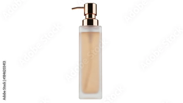 Fototapeta Elegant frosted glass bottle with golden pump isolated PNG, luxurious cosmetic container for lotion or soap on transparent background