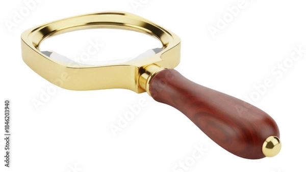 Fototapeta Magnifying glass with golden frame and wooden handle isolated PNG, search tool for reading and investigation on transparent background