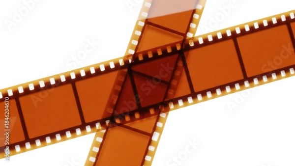 Fototapeta Two crossed strips of orange film isolated PNG on transparent background, vintage photographic filmstrip for retro design and creative projects