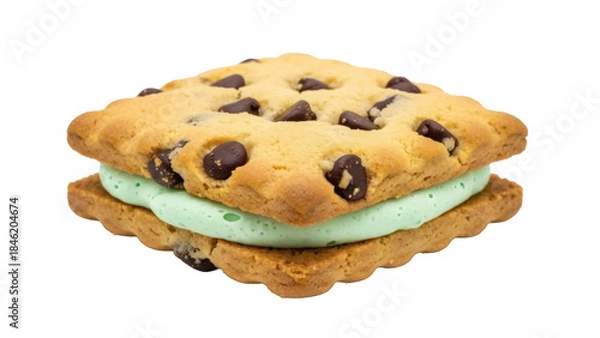 Fototapeta Square chocolate chip cookie ice cream sandwich isolated PNG, delicious dessert with mint filling on transparent background