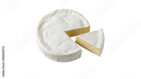 Fototapeta Brie cheese wheel with a slice isolated PNG on transparent background, creamy dairy product for gourmet food and culinary design