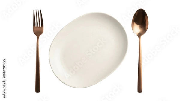 Fototapeta Elegant copper fork, plate, and spoon isolated PNG, modern tableware set for dining and kitchen design on transparent background