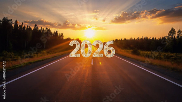 Obraz 2026 New Year Journey Concept with Golden Numbers on Road at Sunrise, 2026 New Year Future Journey and Celebration at Golden Sunset.