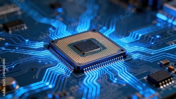 Obraz Closeup of a computer chip with glowing circuits